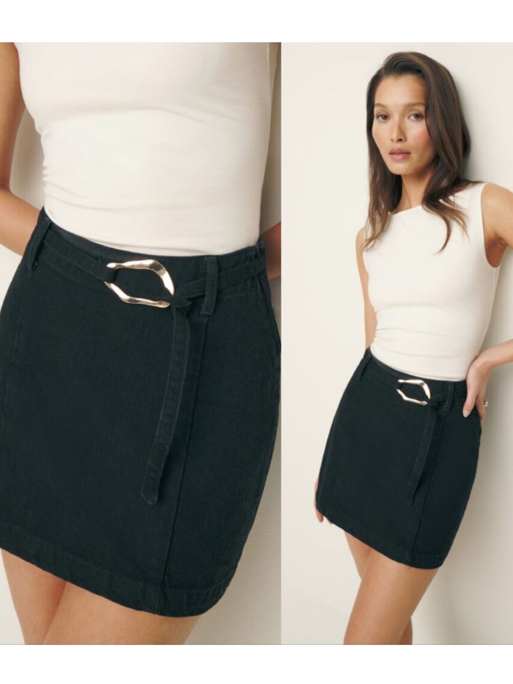 Reformation Black Tatiana Belted Denim Mini Skirt